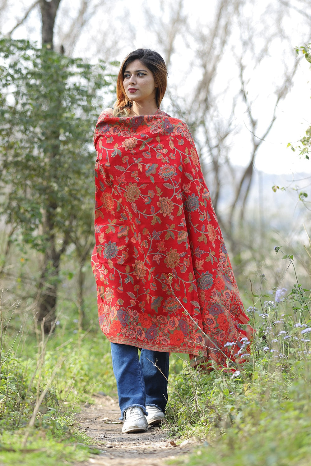 Charismatic Traditional Red Colour Designer Shawl