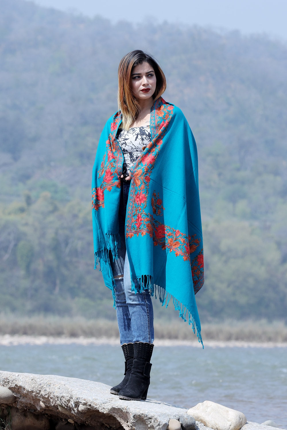 Charismatic Turquoise Blue/Green Colour Stole With Graceful