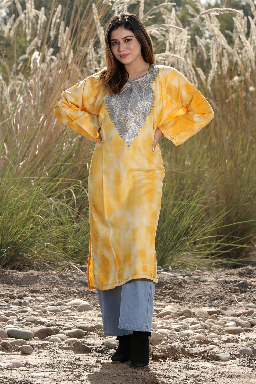 CHARISMATIC YELLOW TIE-DYE Colour Aari Tilla Work