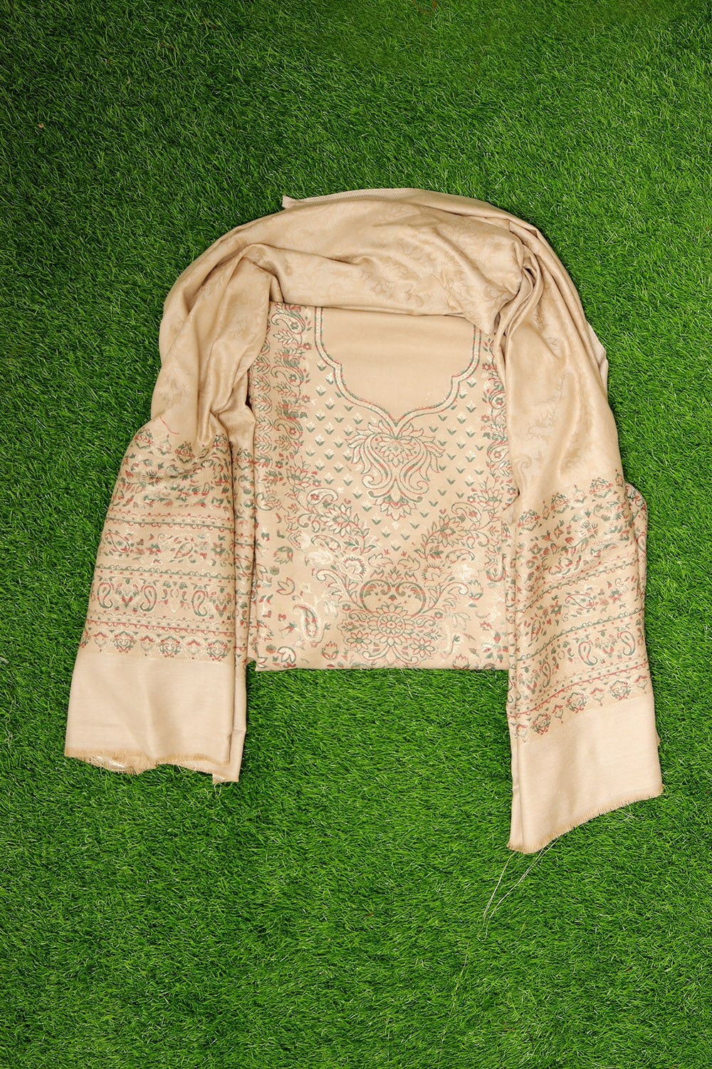 Charming Steady Beige Colour Cotton Zari Kani Stole Suit
