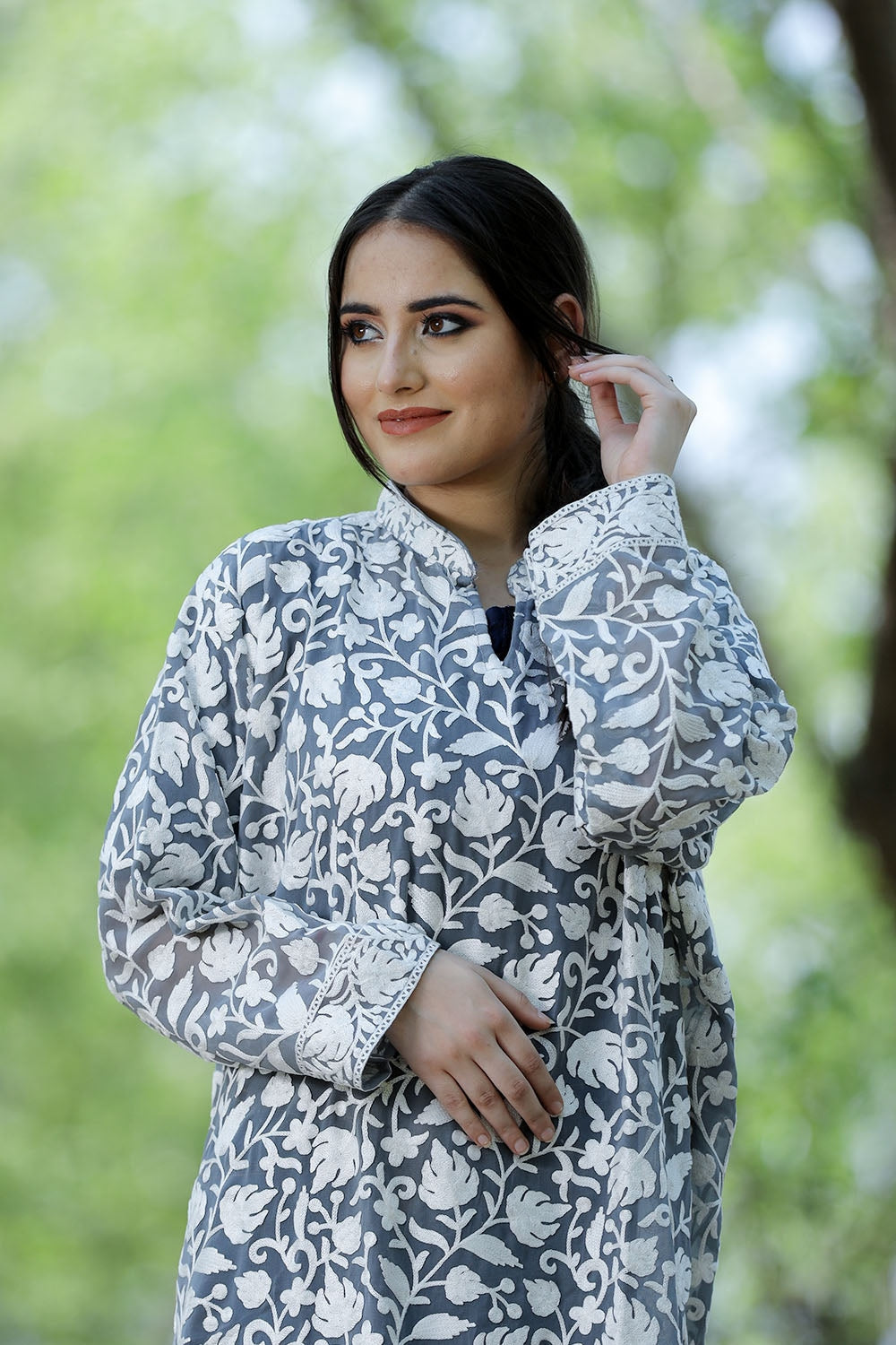 Classy Ash Grey Colour Kashmiri Embroidered Georgette Kurti