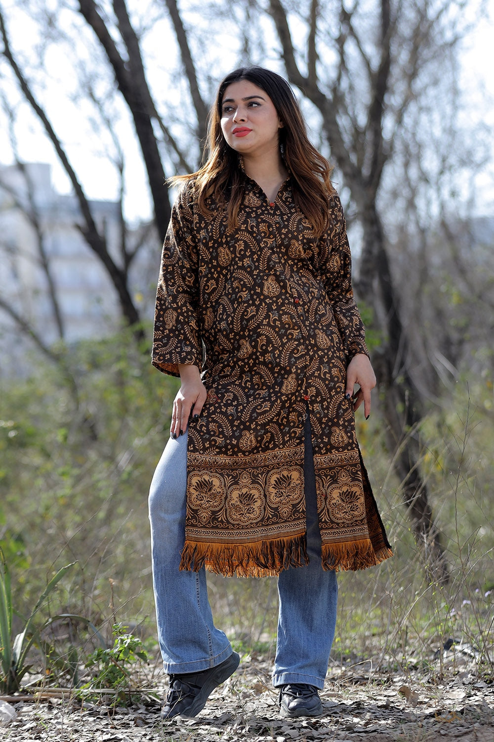 Coffee Brown Color Kashmiri Woven Sherwani With Paisleys