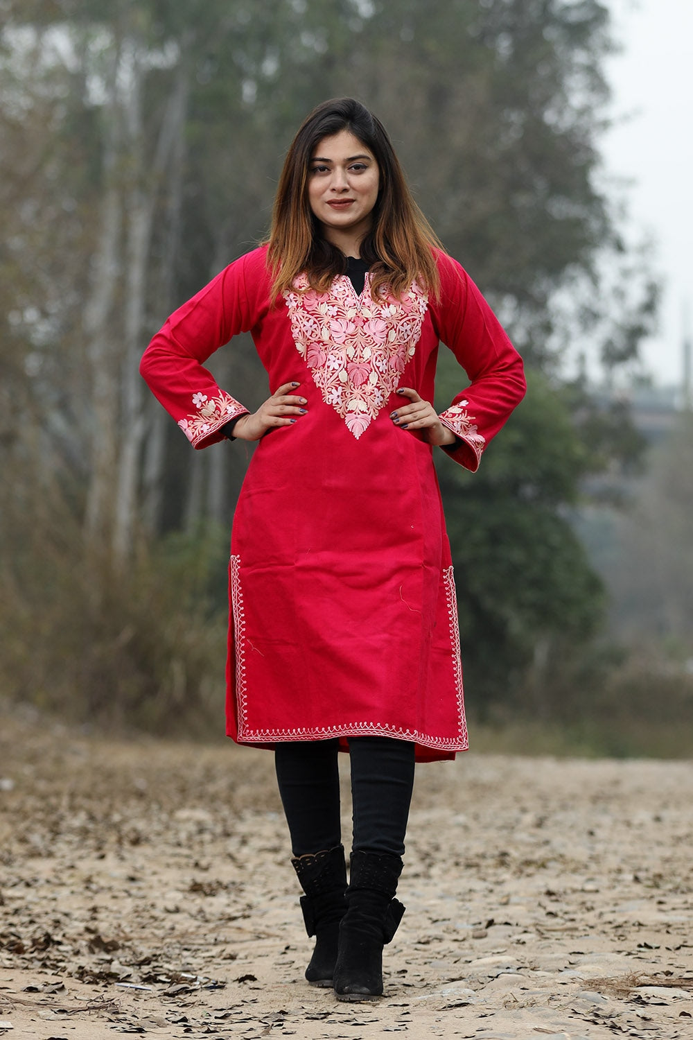 color aari work embroidered kurti designer floral pattern woolen kurtis 525
