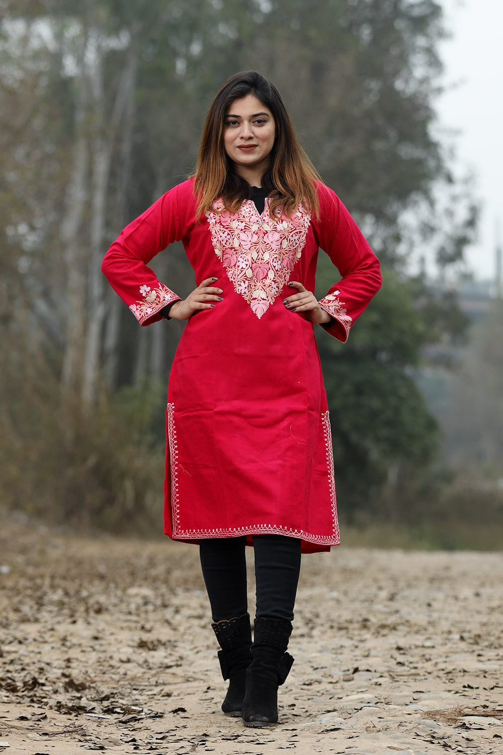 Red Color Aari Work Embroidered Kurti With New Designer