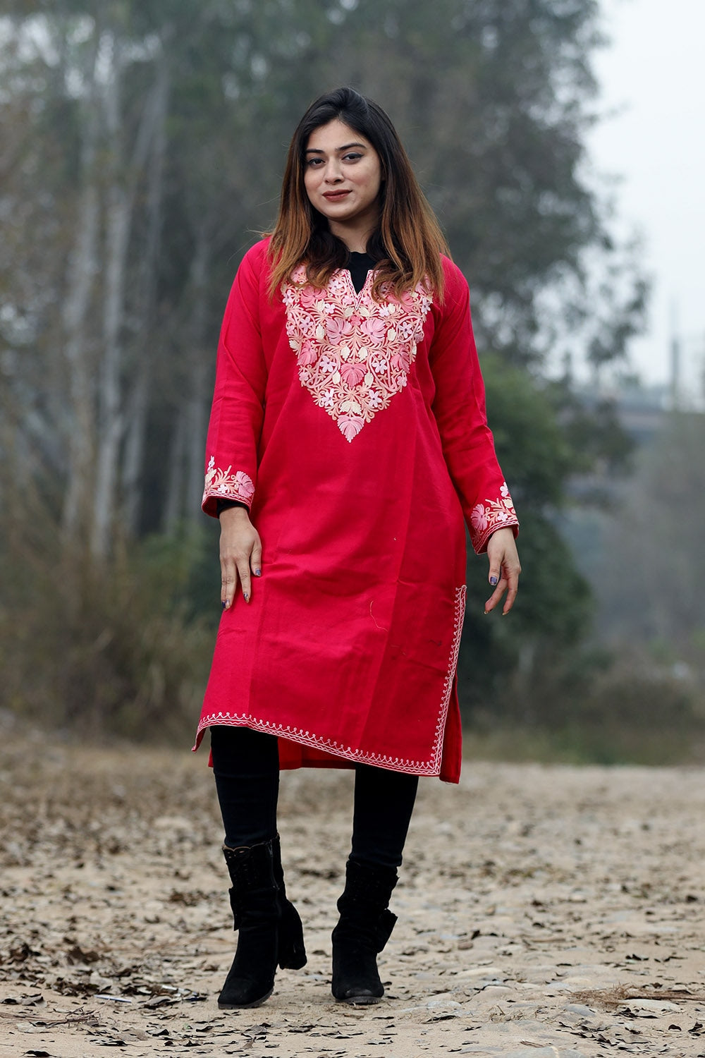 Red Color Aari Work Embroidered Kurti With New Designer
