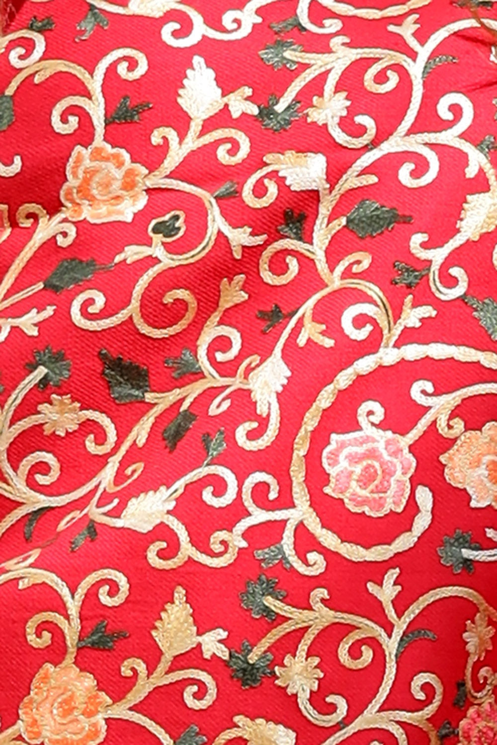 Red Color Aari Work Embroidered Shawl Enriched With Running
