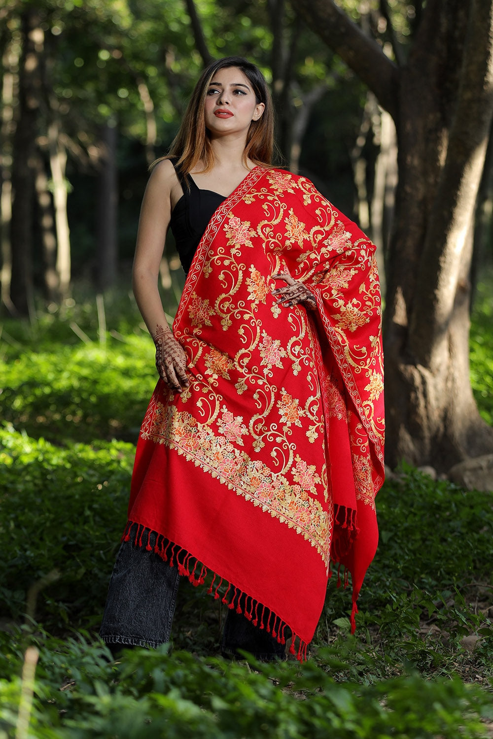 Red Colour Wolen Base With Rich All Over Kashmiri Jaal