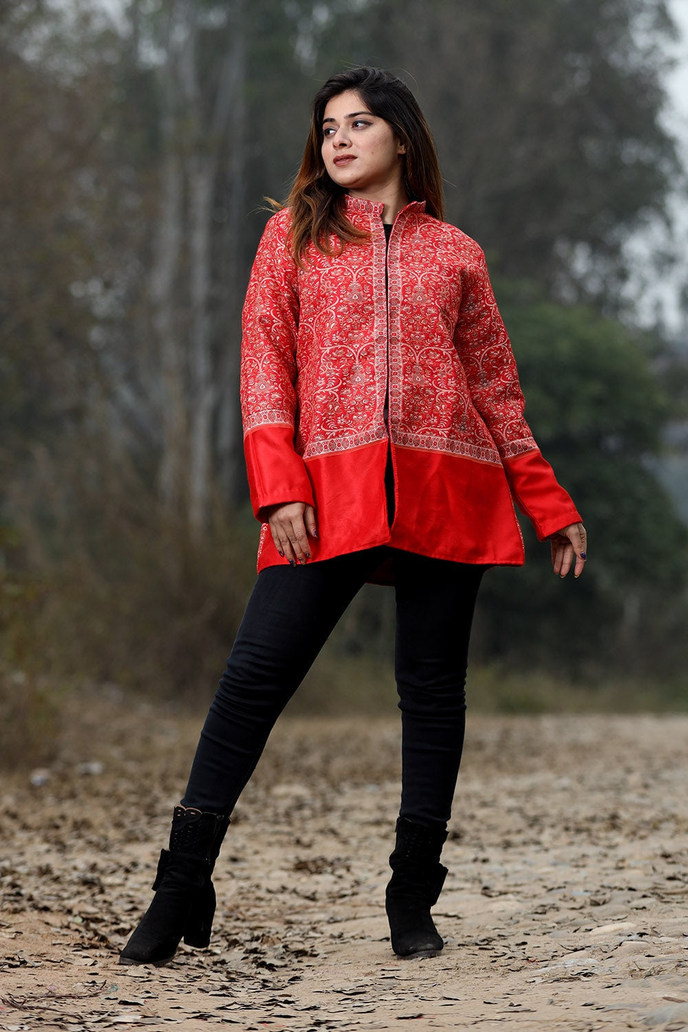 Red Colour Jamawar Woven Jacket With Beautiful Designer