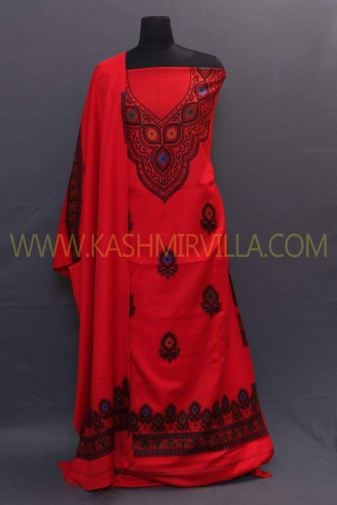 Red Colour Woolen Suit With Rich Neckline Of Embroidery