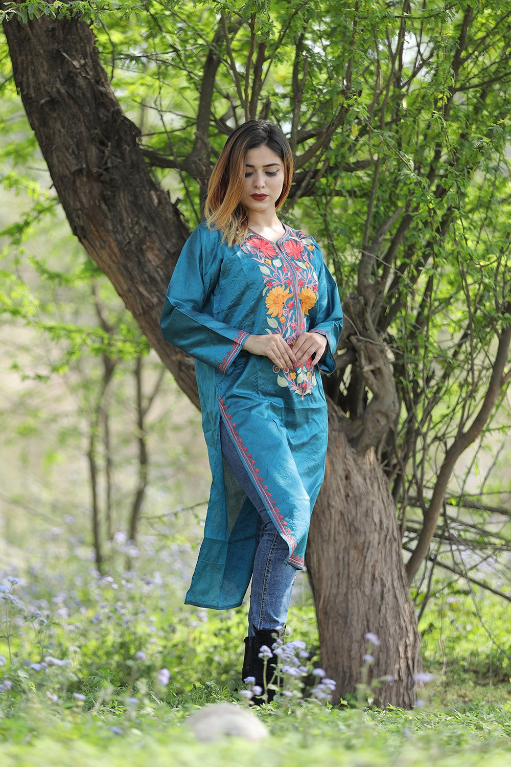Cool Blue Colour Rayon Silk Kurti With Beautiful Aari