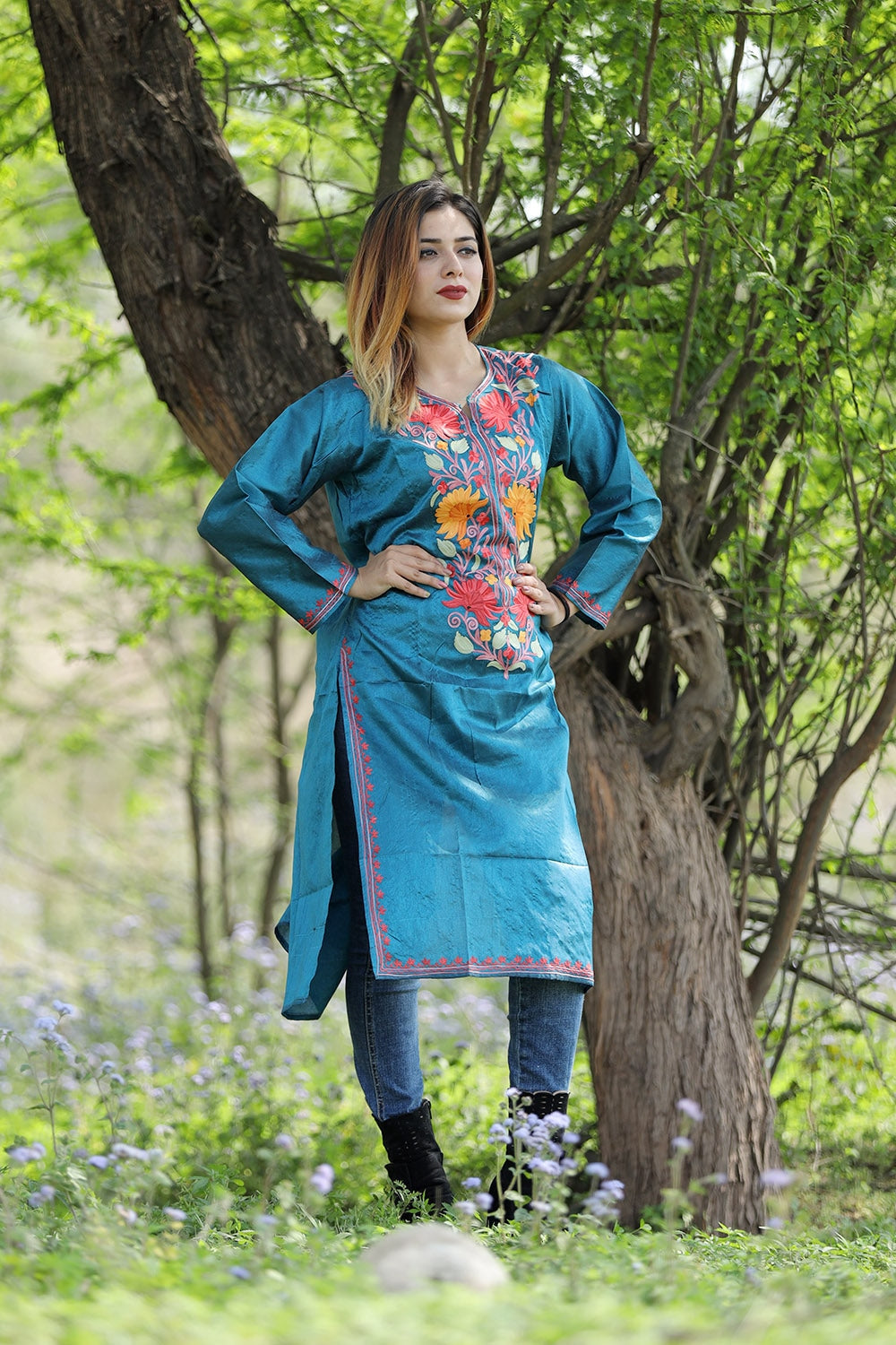 Cool Blue Colour Rayon Silk Kurti With Beautiful Aari
