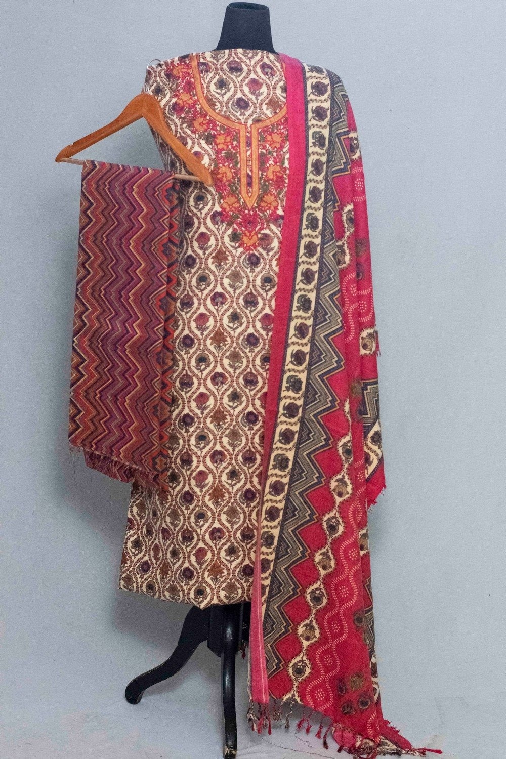 Cream Colour Woolen Kani Printed Suit With Neck And Over