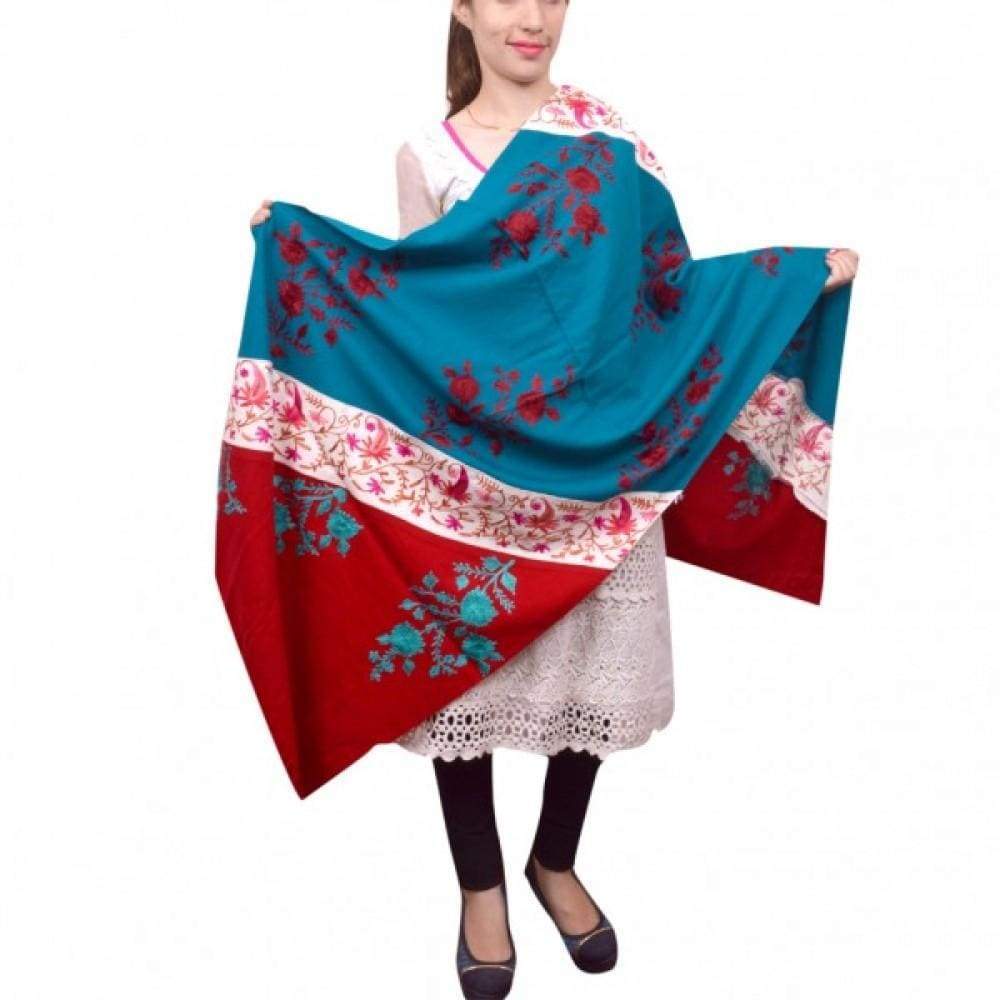 Creatively Designed Green And Red Colour Contrast Pashmina