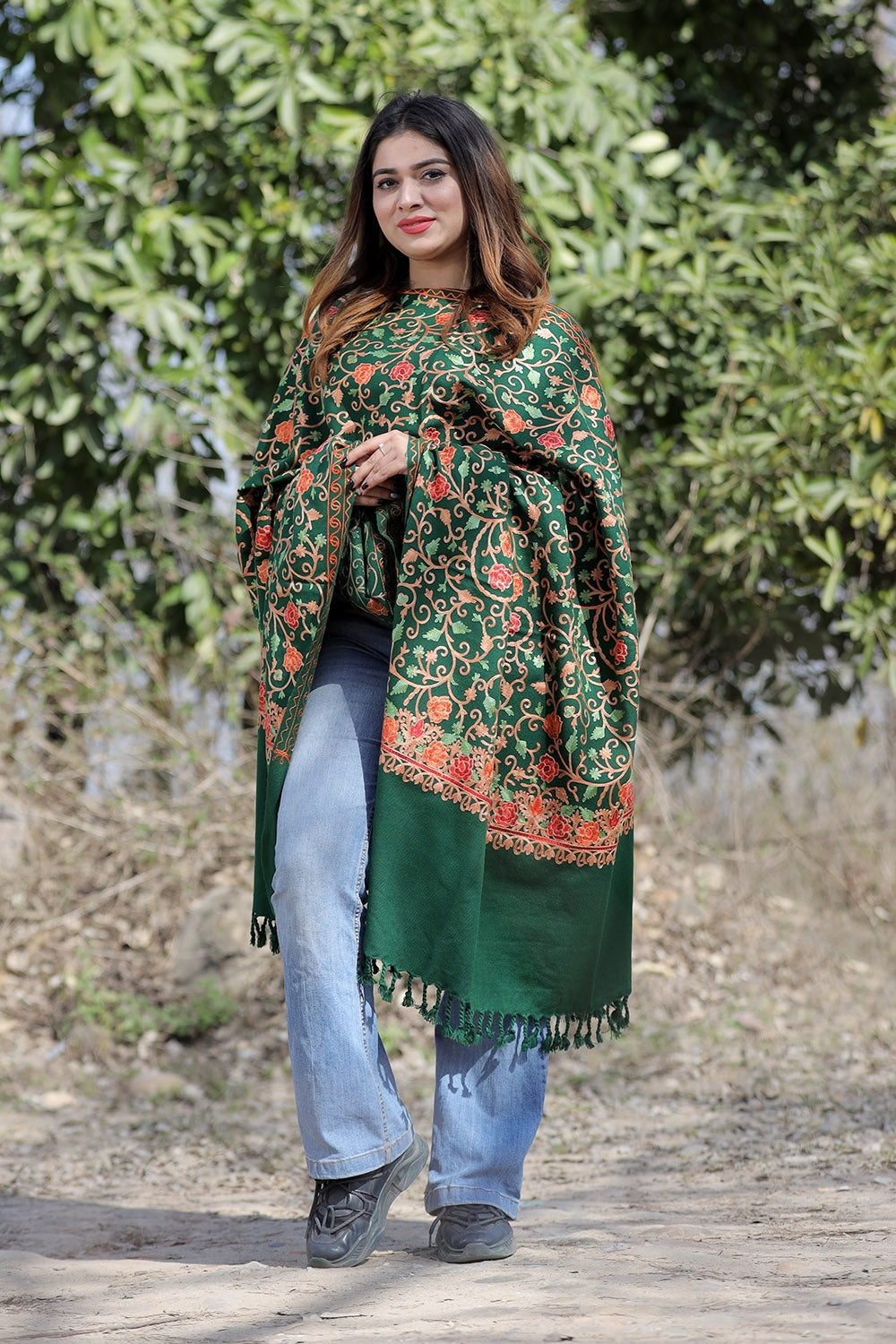 Dark Green Color Aari Work Embroidered Shawl Enriched