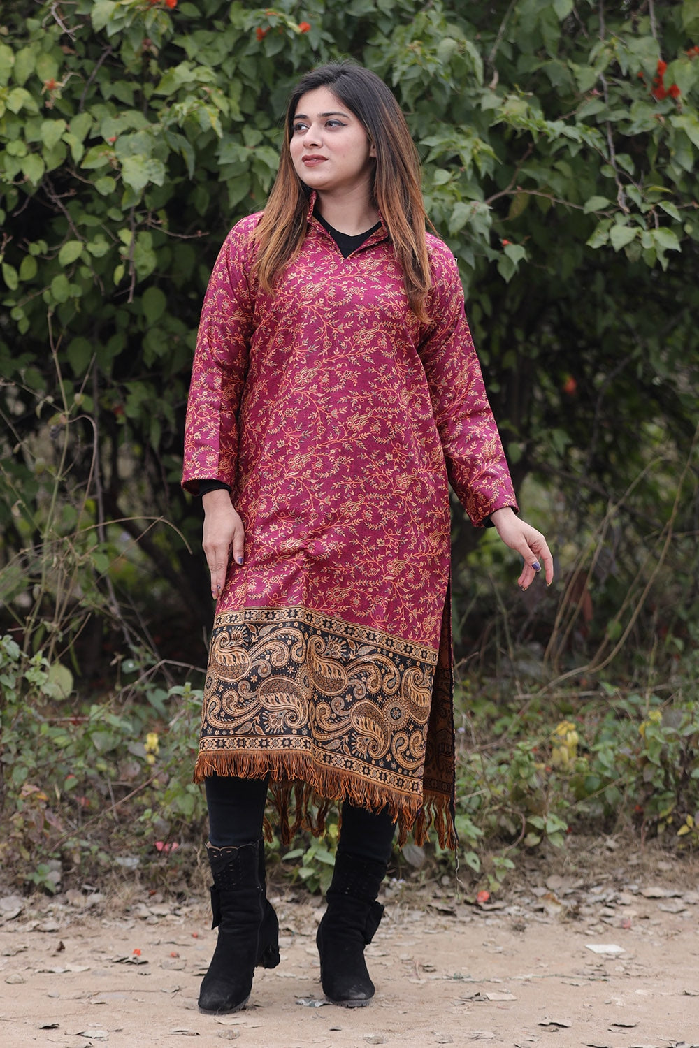 Dark Pink COLOUR KASHMIRI WOVEN KURTA WITH NEW DESIGNER