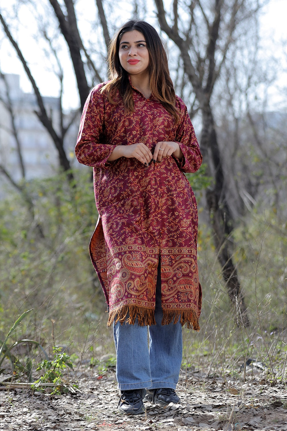 Dark Pink Color Kashmiri Woven Sherwani With Paisleys