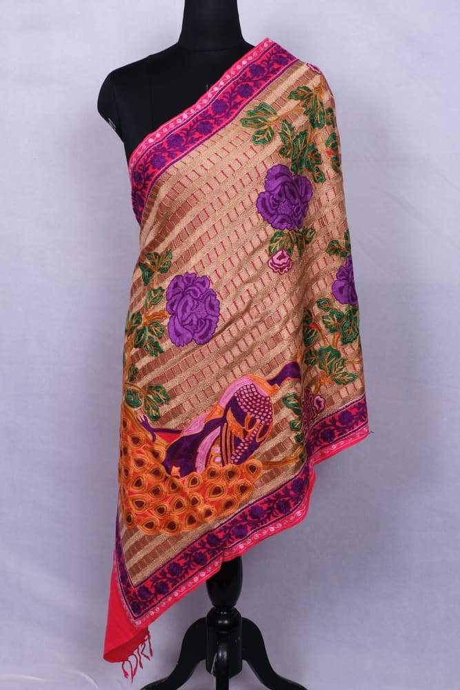 Dark Pink Colour Stole With Kashmiri Peacock Embroidery