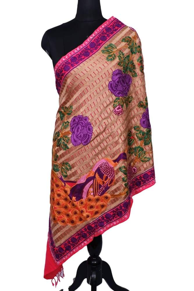 Dark Pink Colour Stole With Kashmiri Peacock Embroidery