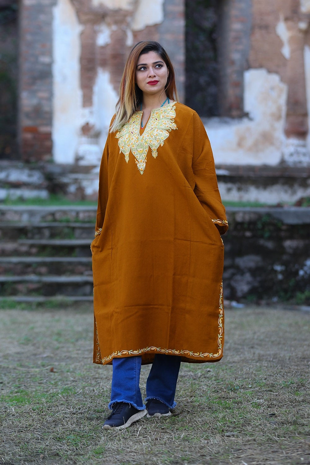 Darken Kashmiri Mustard Color Phiran Embellished Multicolour