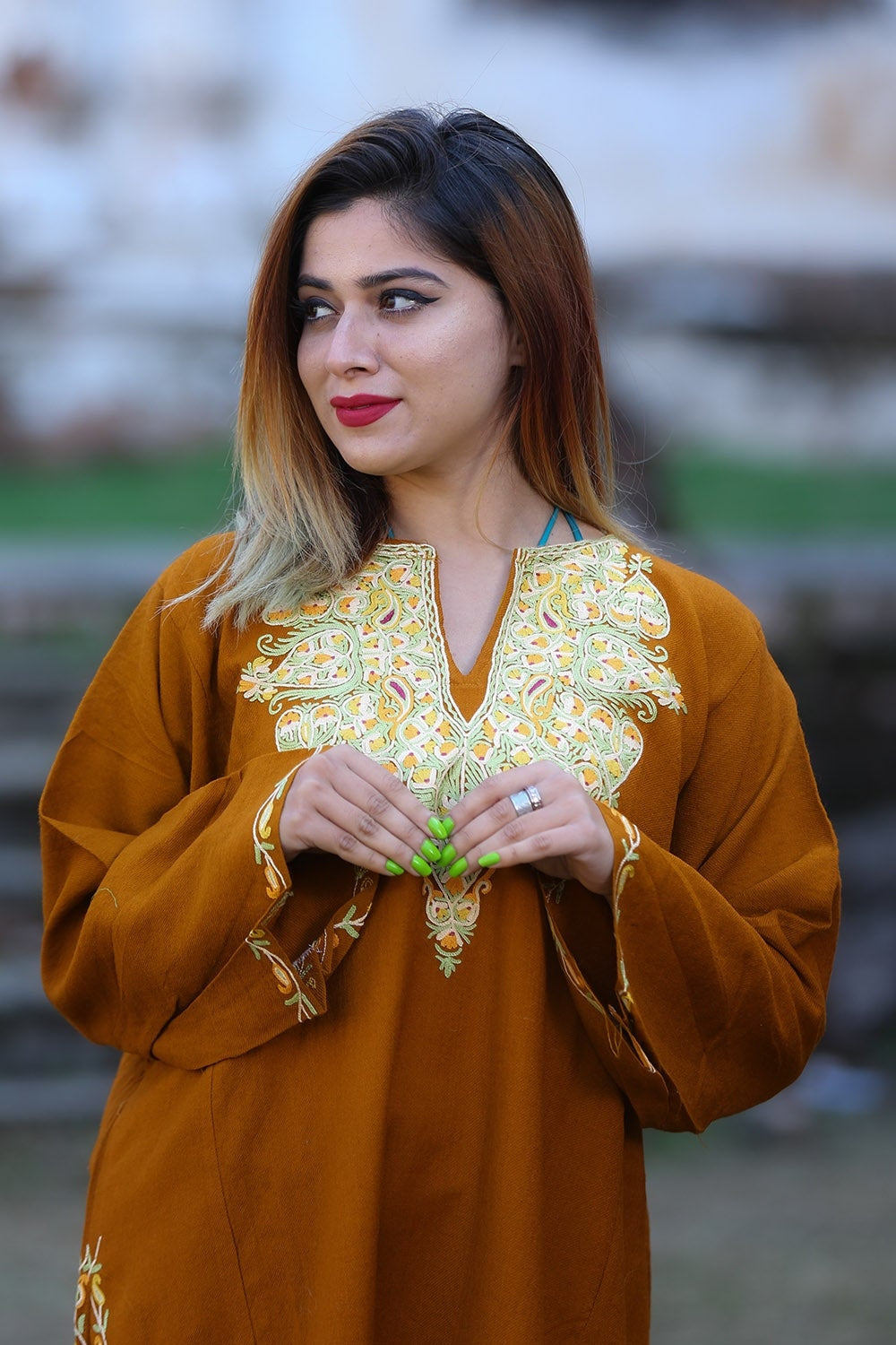 Darken Kashmiri Mustard Color Phiran Embellished Multicolour