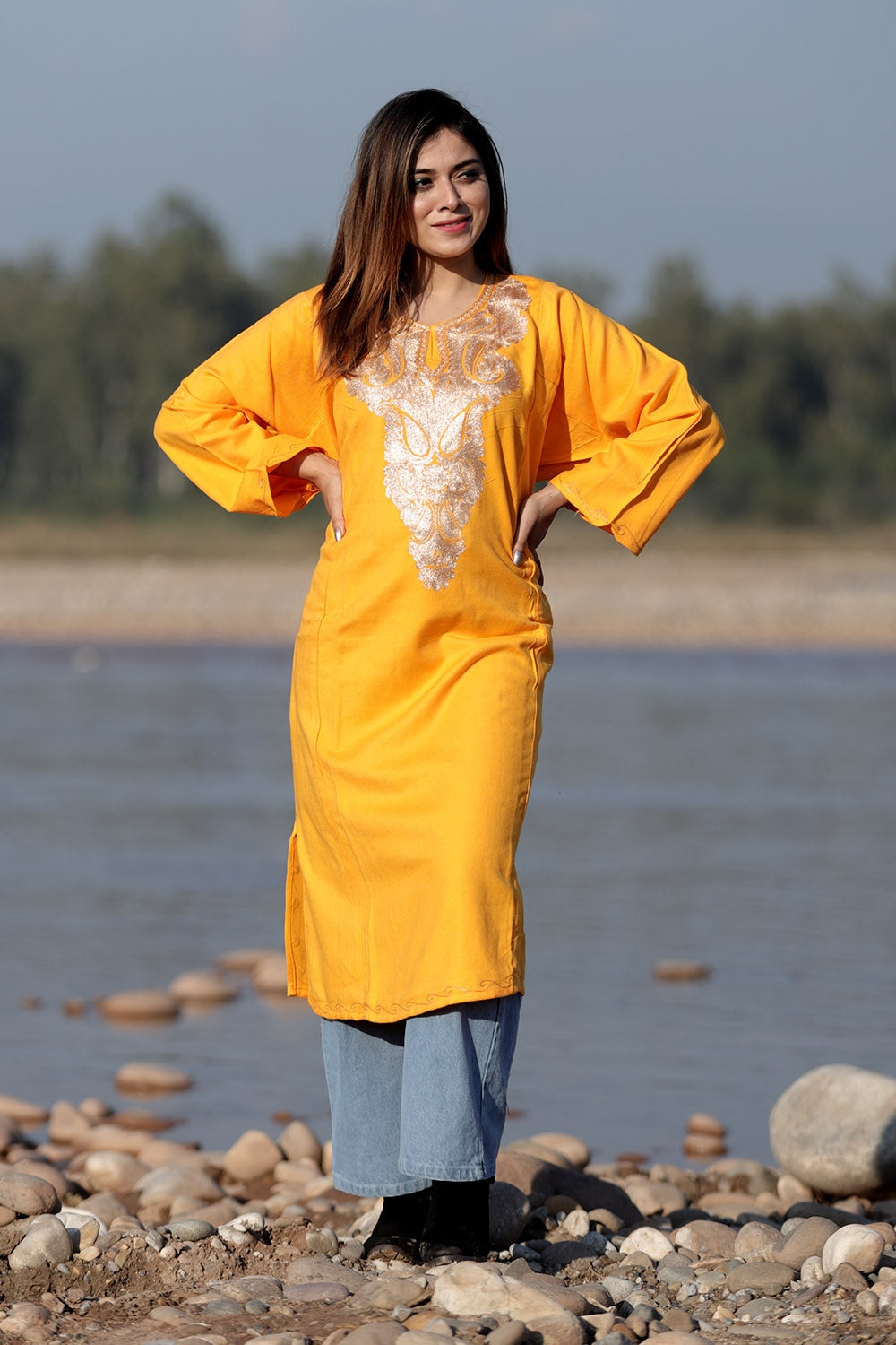 DELIGHTFUL MANGO YELLOW Color Kashmiri Work Embroidered