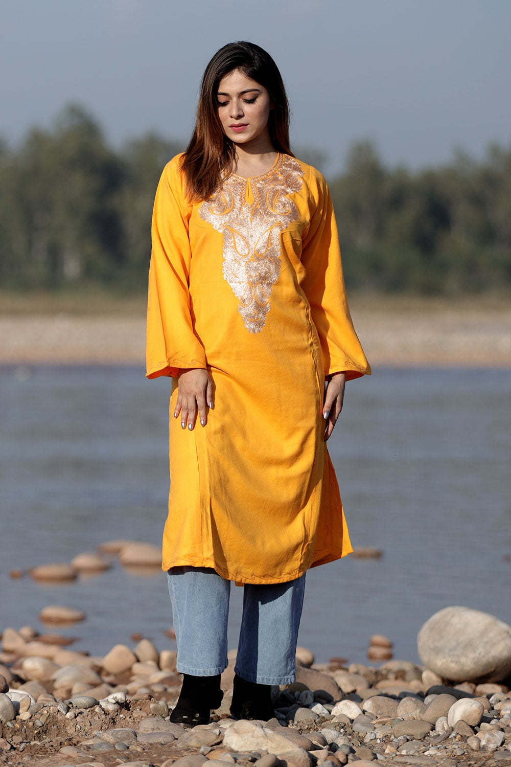 DELIGHTFUL MANGO YELLOW Color Kashmiri Work Embroidered