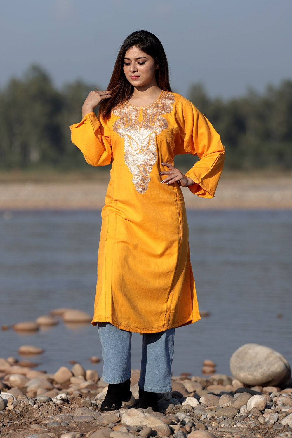DELIGHTFUL MANGO YELLOW Color Kashmiri Work Embroidered