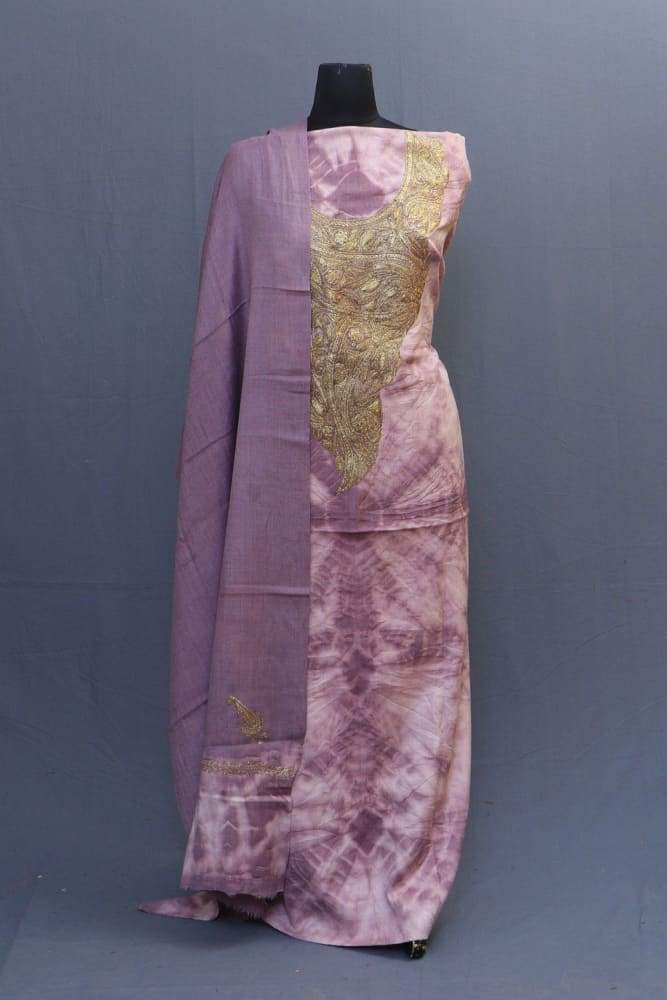 Dusty Lavender Tye And Dye Semi Pashmina Suit Having Tilla
