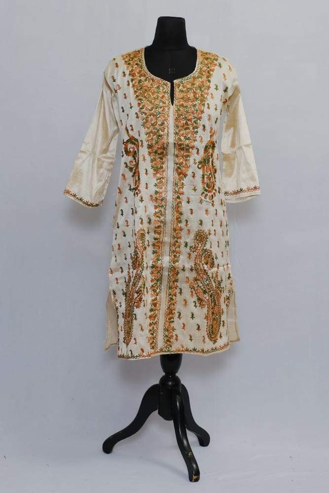 Ecru Beige Colour Aari Work Kurti With Multi Neckline