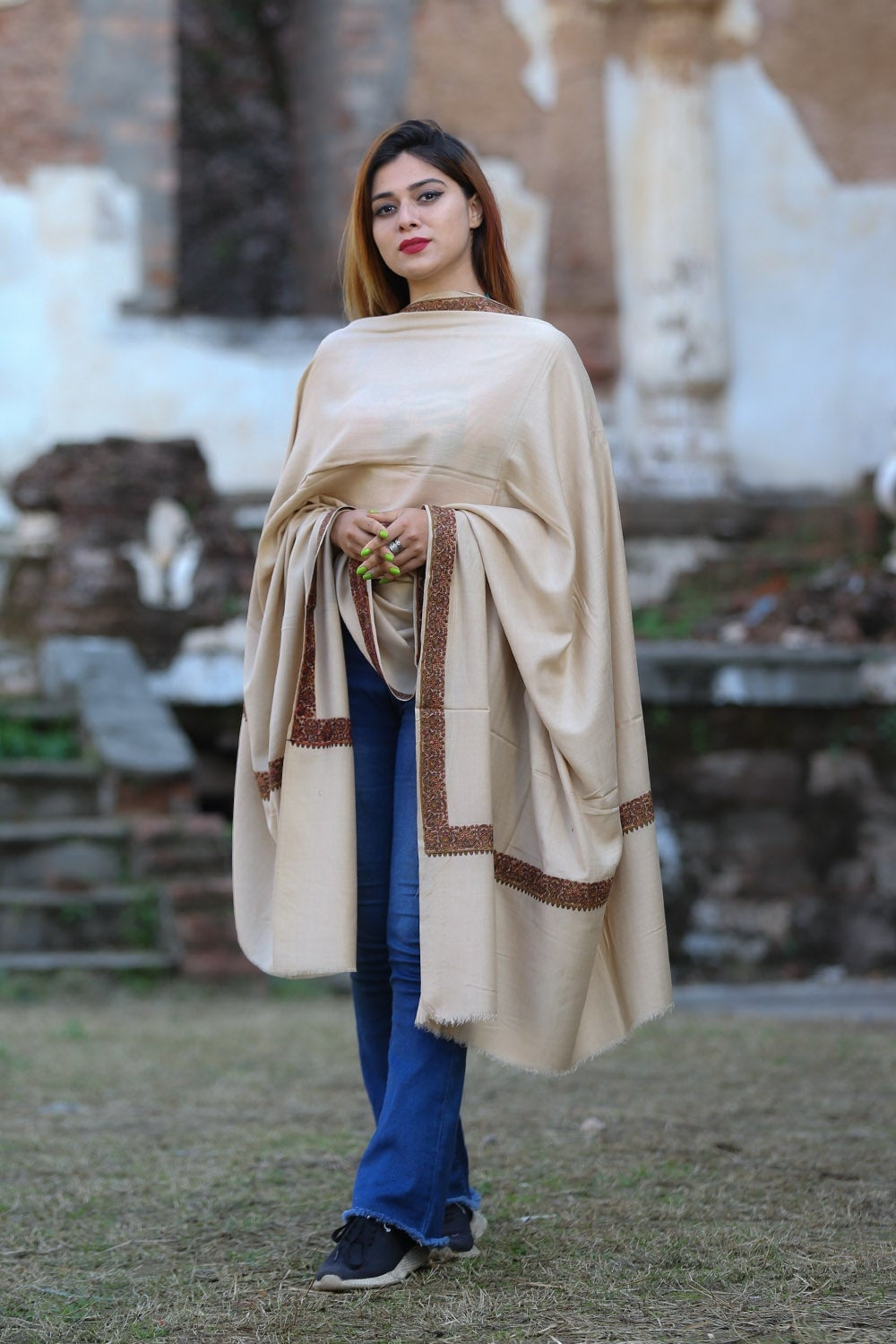 Elegant Accrue Beige Colour Semi Pashmina Sozni Shawl
