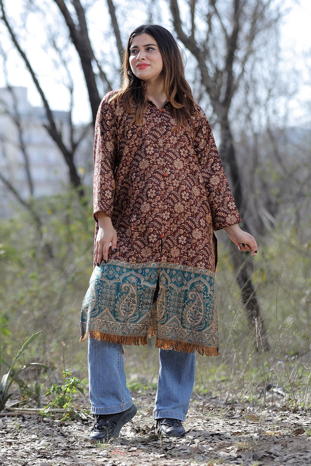 Exotic Brown Color Kashmiri Woven Sherwani With Paisleys