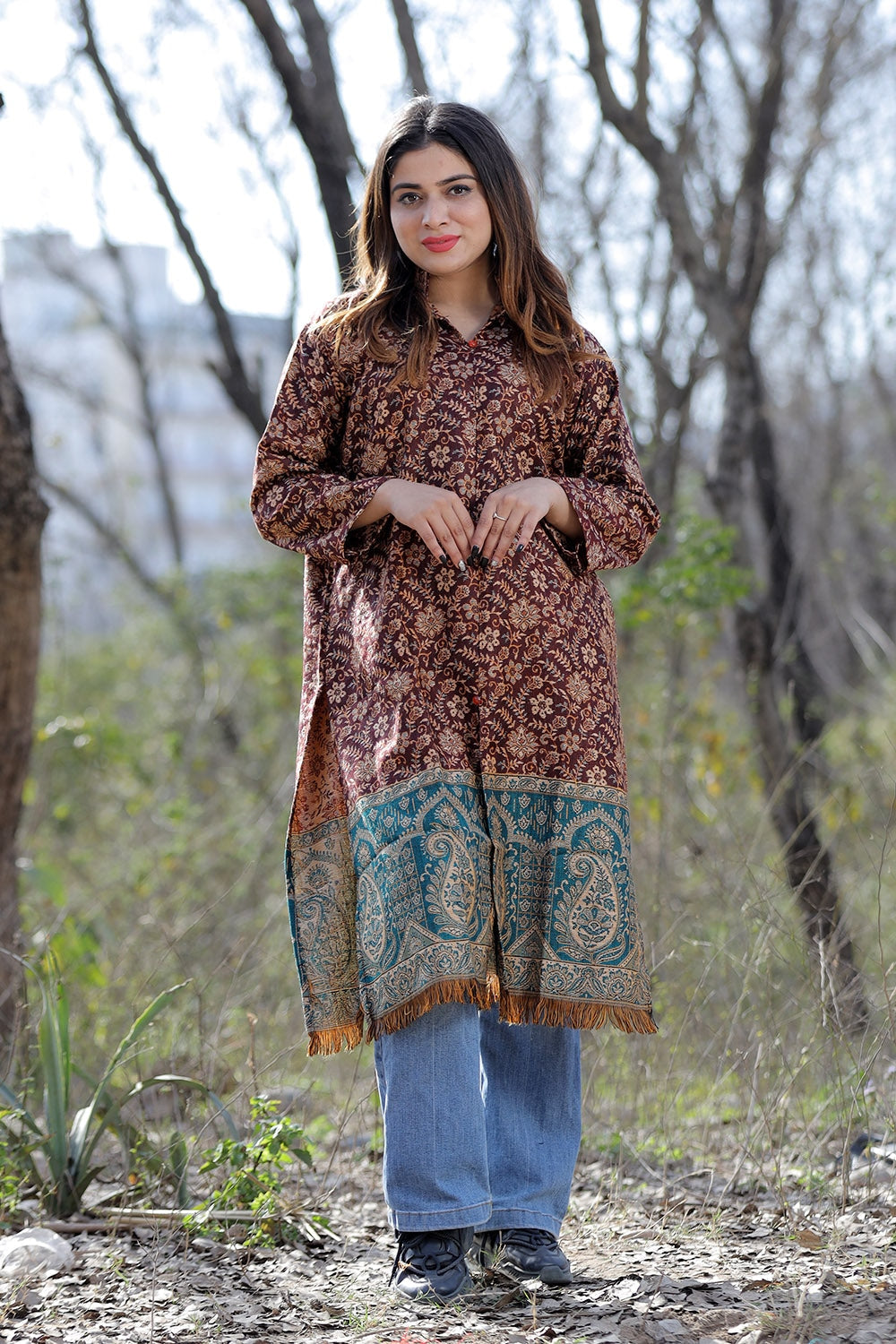 Exotic Brown Color Kashmiri Woven Sherwani With Paisleys