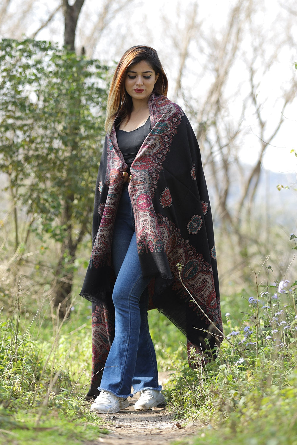 Exotic Charcoal Black Colour Shawl With Flower Pattern