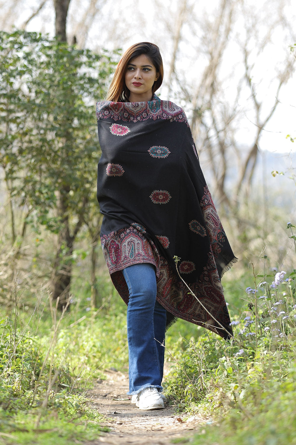 Exotic Charcoal Black Colour Shawl With Flower Pattern