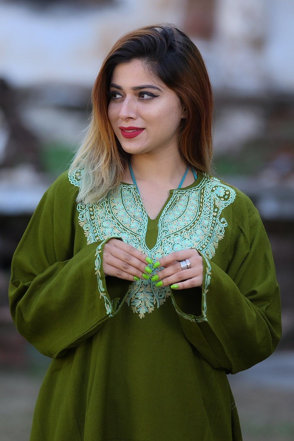 Exotic Heena Green Color Phiran Embellished Multicolour Hand