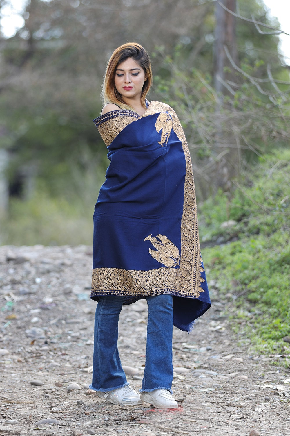 Exotic Navy Blue Color Kashmiri Shawl With Tilla Work Gives