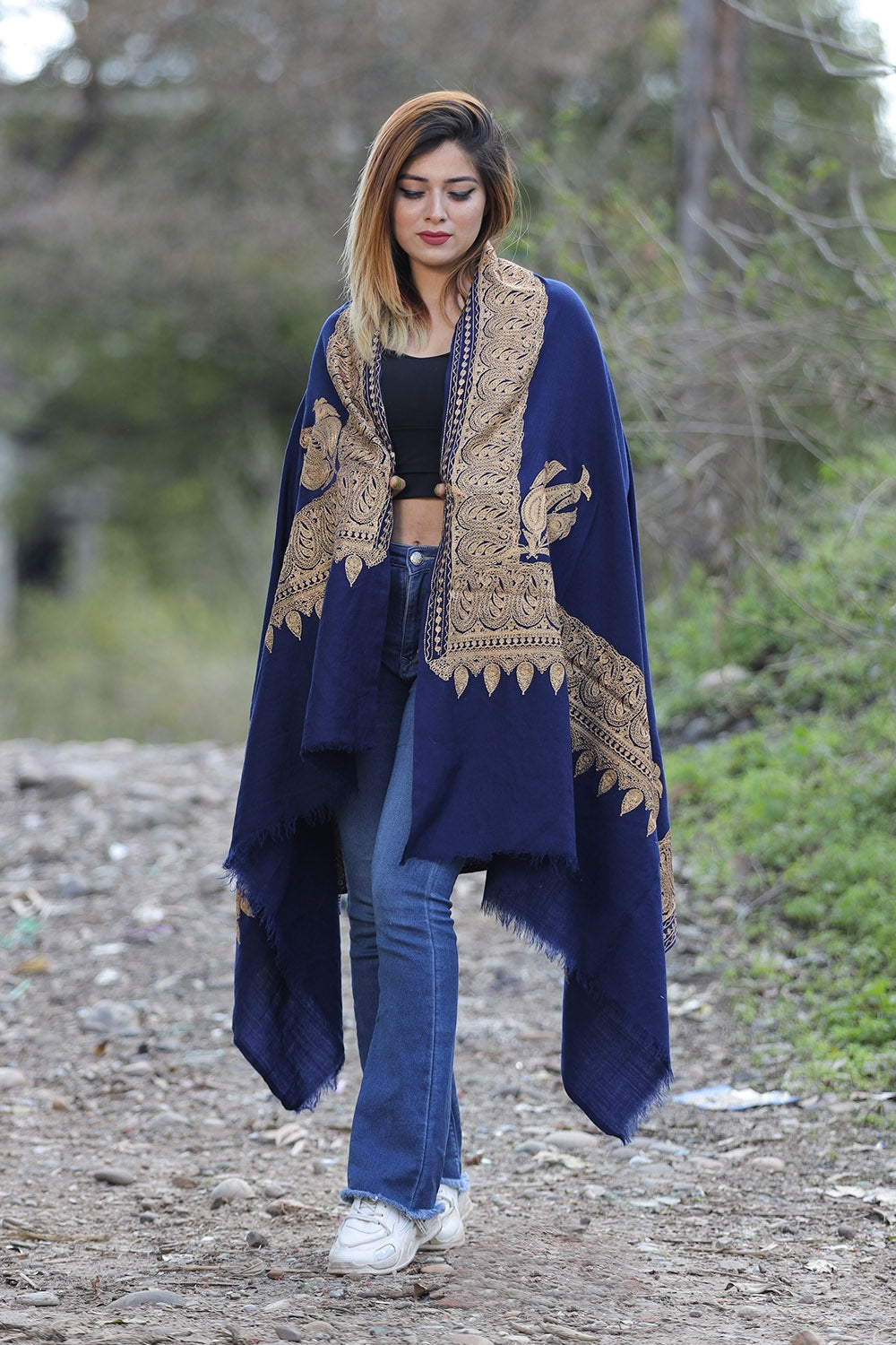 Exotic Navy Blue Color Kashmiri Shawl With Tilla Work Gives