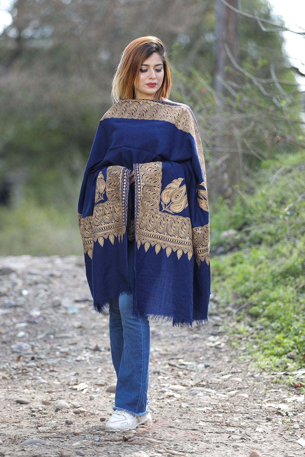 Exotic Navy Blue Color Kashmiri Shawl With Tilla Work Gives