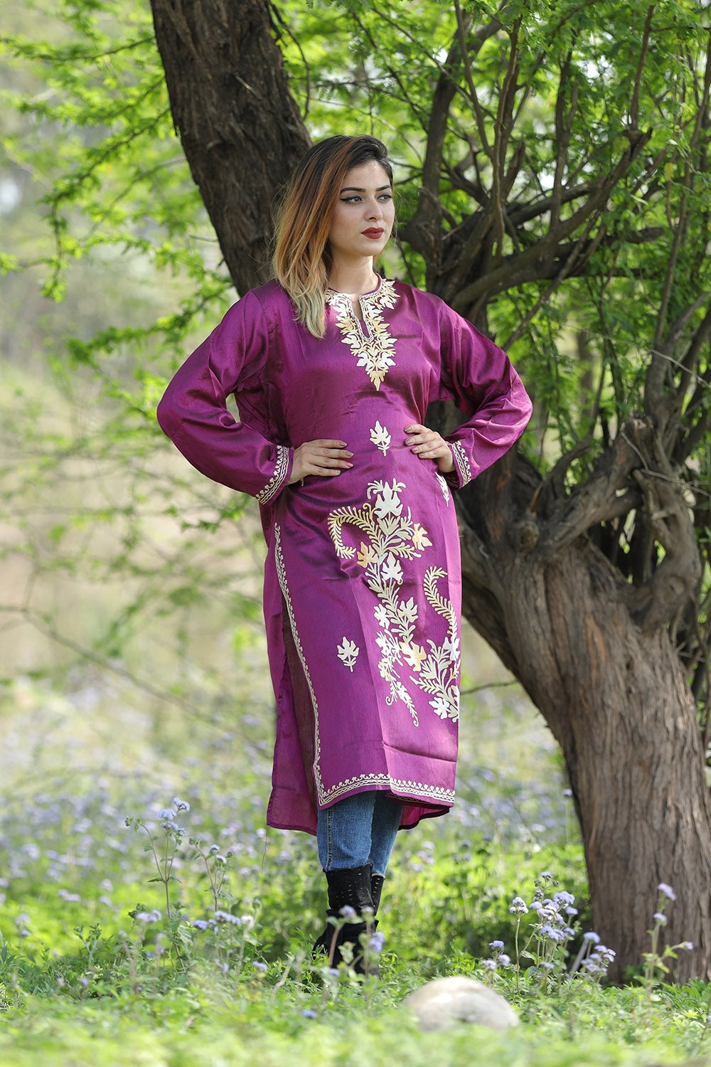 Purple Chinnon floral printed 3 piece alia cut kurti suit – Threads