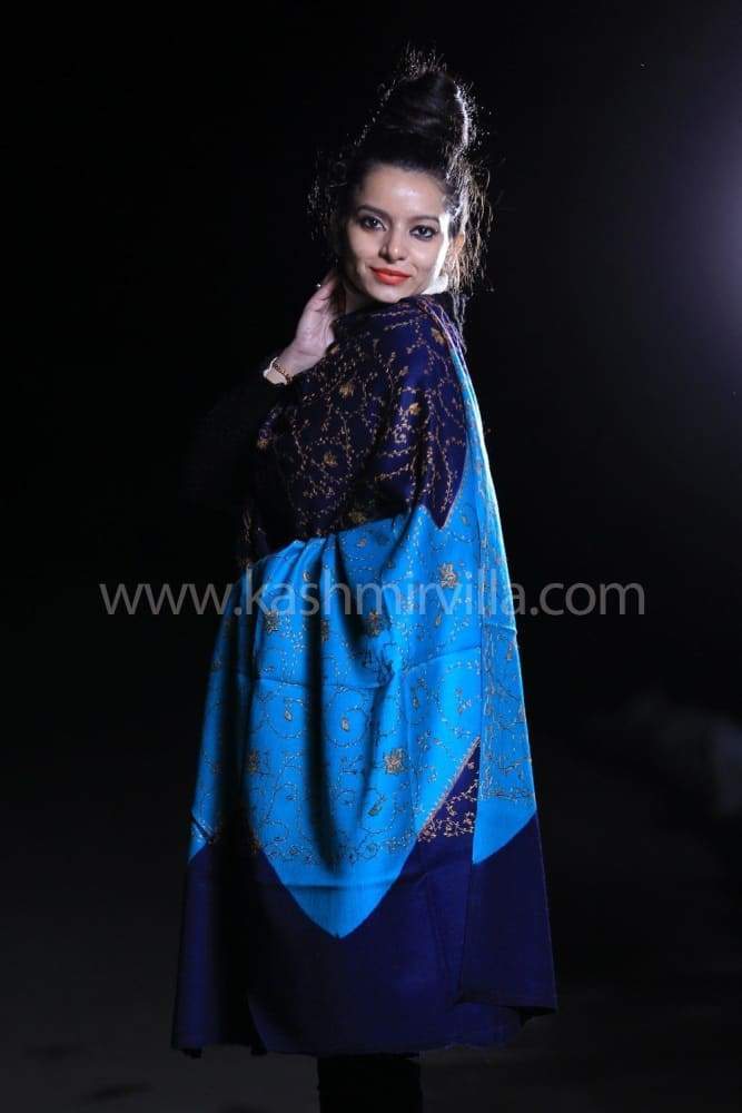 Family Of Blue Color Sozni Work Embroidered Shawl Enriched