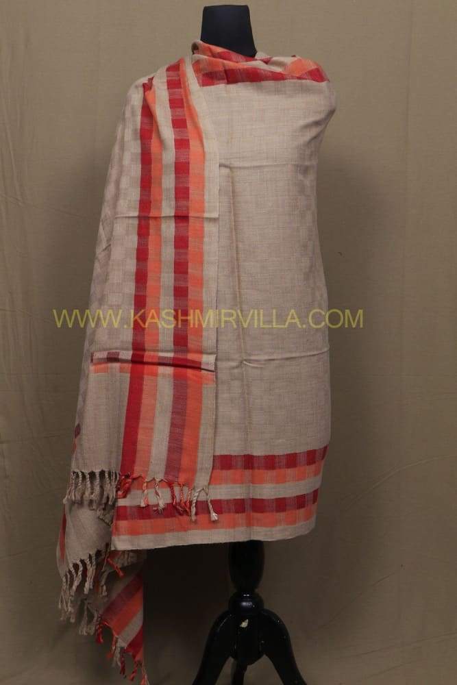 Fawn Colour SemiPashmina Shawl With Stripes On Border Which