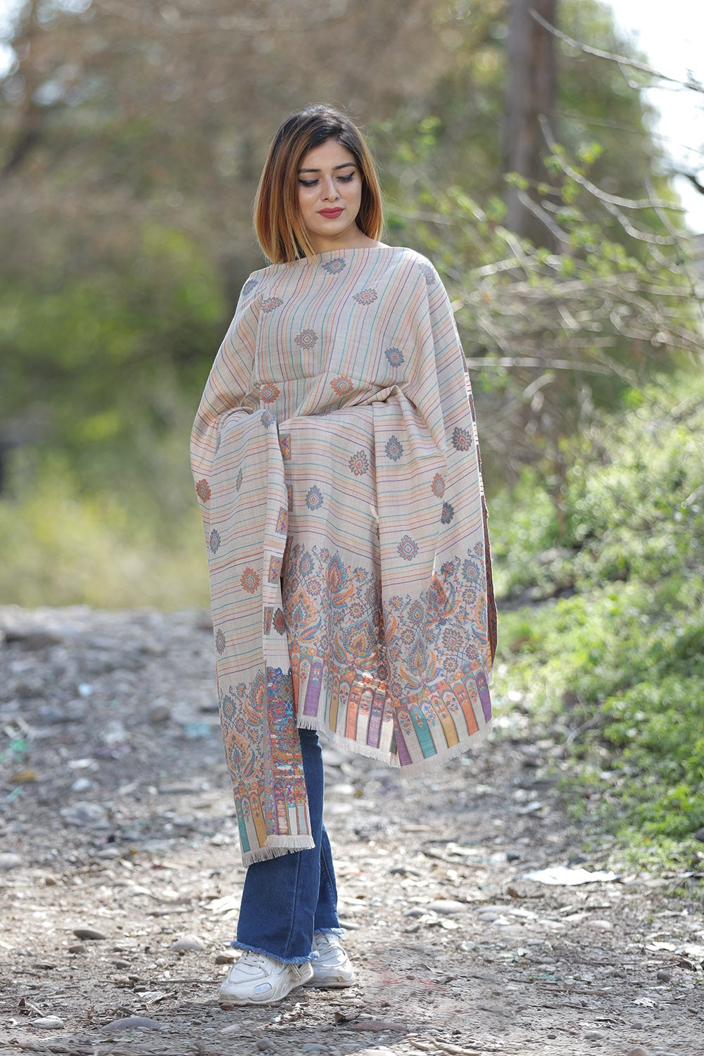 Fawn Colour Shawl With Flower Pattern Style Bold And Dense