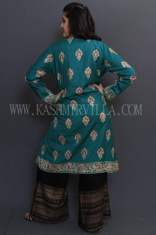 Ferozi Colour Kashmiri Aari Work Embroidered Jacket