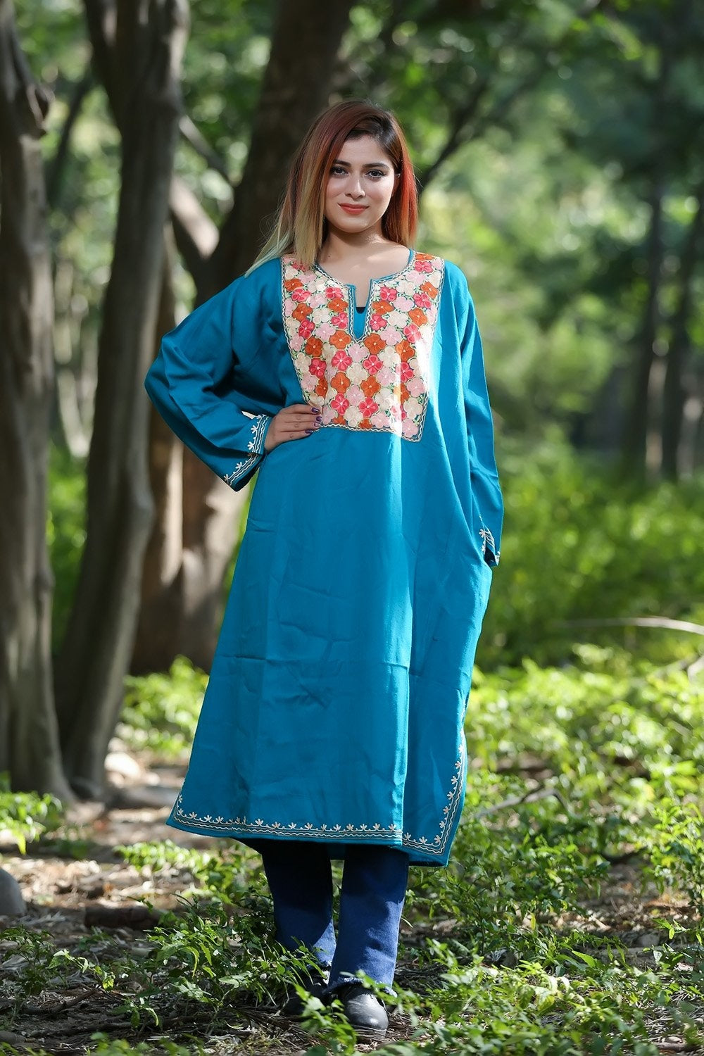 Firozi (Blue) Color Aari Work Embroidered Phiran Enriched