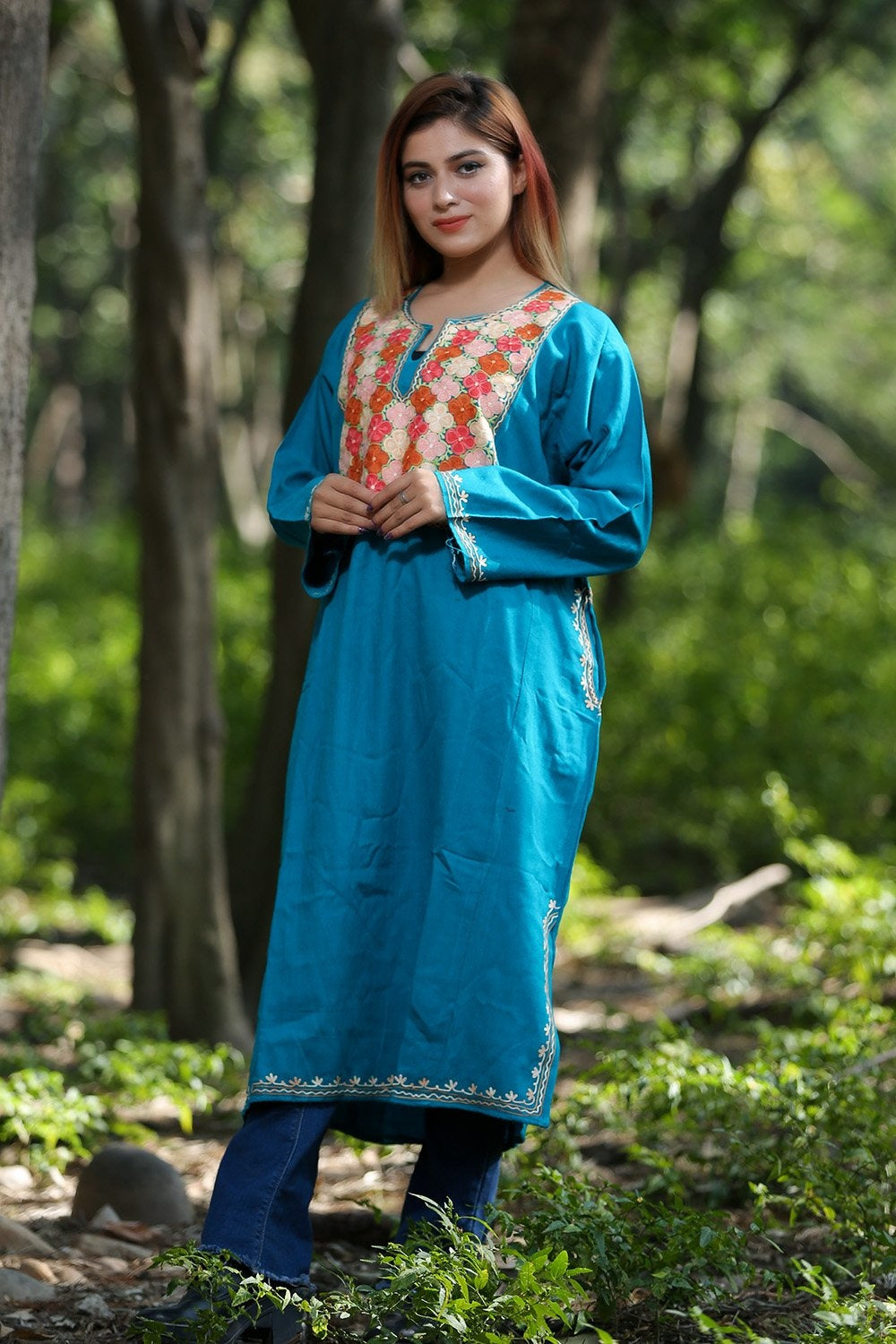 Firozi (Blue) Color Aari Work Embroidered Phiran Enriched
