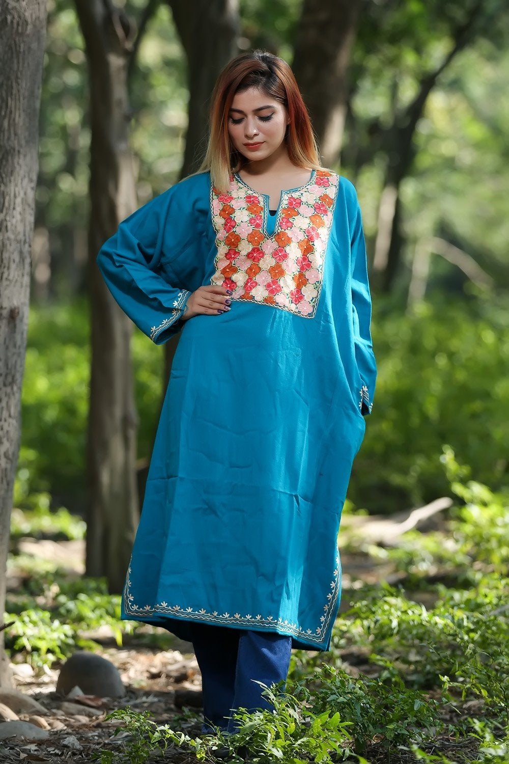 Firozi (Blue) Color Aari Work Embroidered Phiran Enriched