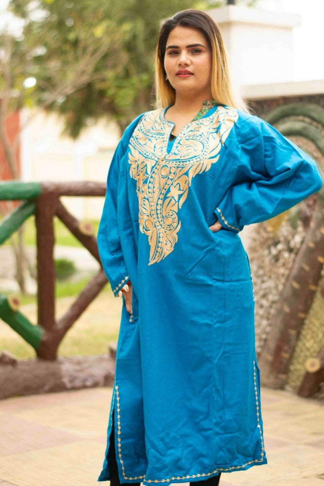 Firozi Blue Color Zari Work Embroidered Phiran Enriched