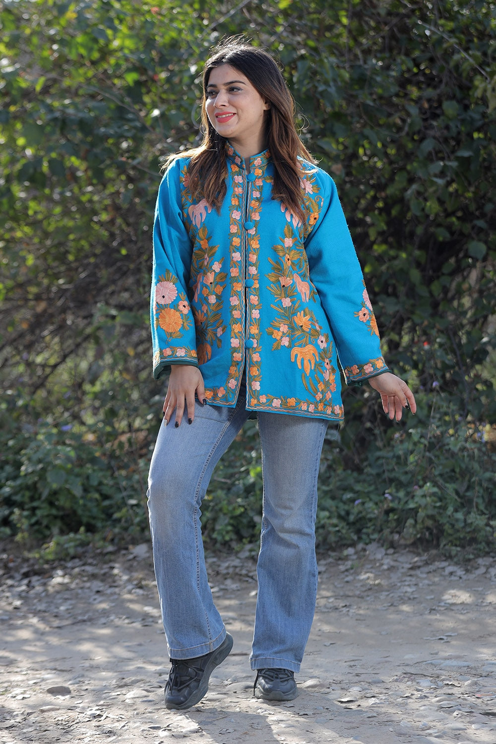 Firozi Color Aari Work Embroidered Jacket With Beautiful