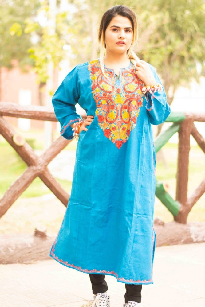Firozi Color Kashmiri Work Embroidered Phiran Enriched