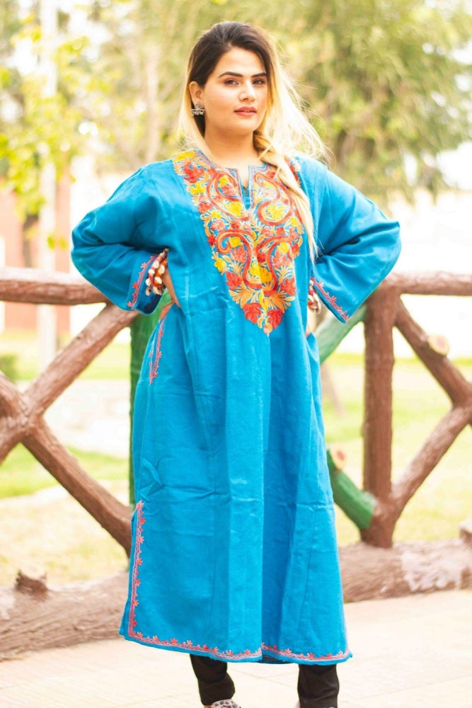 Firozi Color Kashmiri Work Embroidered Phiran Enriched